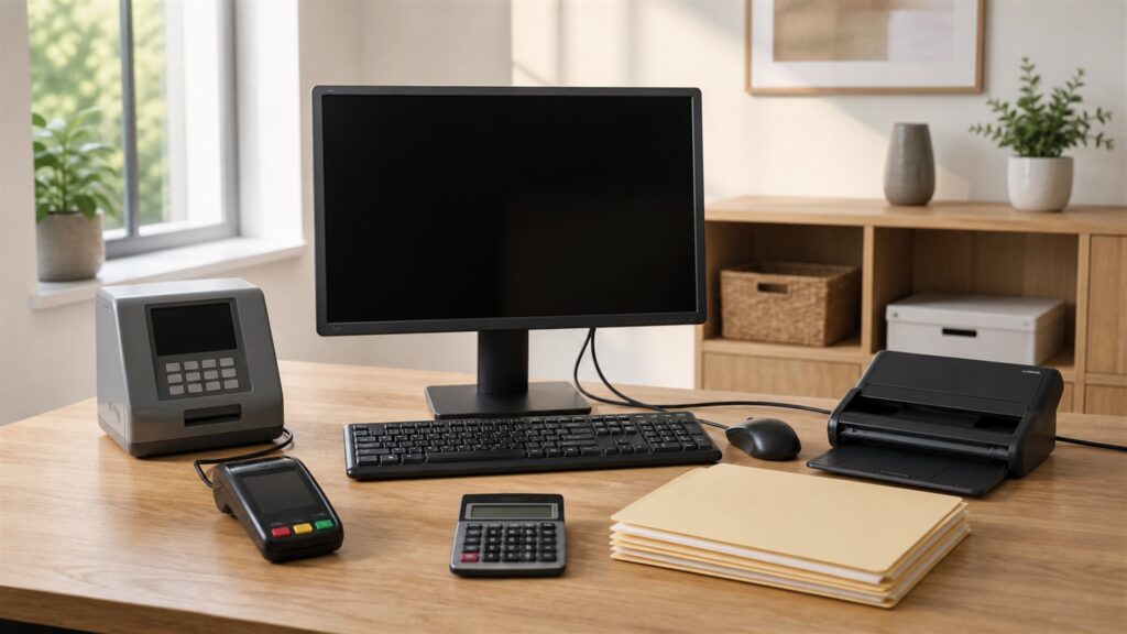 small business bookkeeping desk with powered-off computer, receipt scanner, calculator, plain folders, invoice tray, security key, and tidy ledger materials for a payroll integrations buying decision