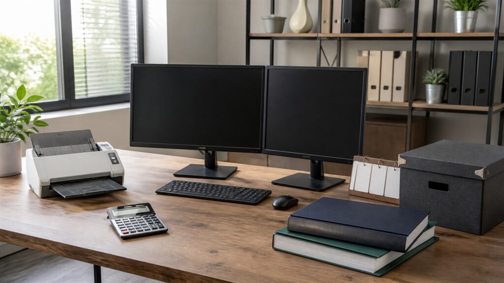 small business bookkeeping desk with powered-off computer, receipt scanner, calculator, plain folders, invoice tray, security key, and tidy ledger materials for a year-end close buying decision