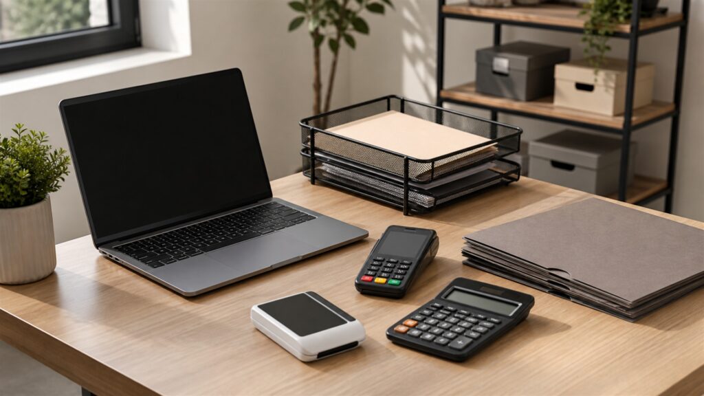 freelancer invoicing workspace with powered-off laptop, card reader, calculator, plain invoices, payment terminal, calendar, and tidy client folders for a general selection buying decision