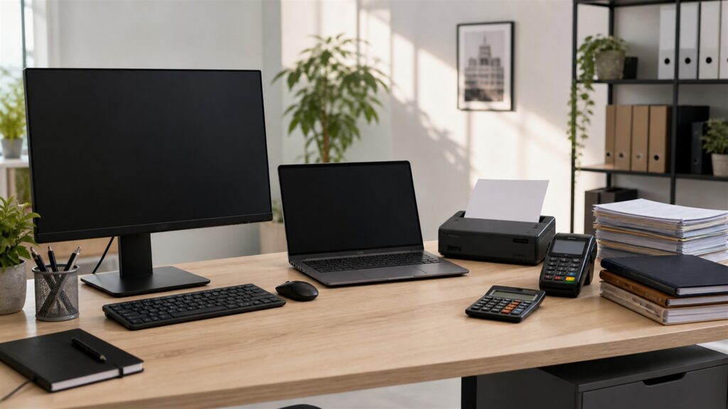freelancer invoicing workspace with powered-off laptop, card reader, calculator, plain invoices, payment terminal, calendar, and tidy client folders for a business scaling buying decision