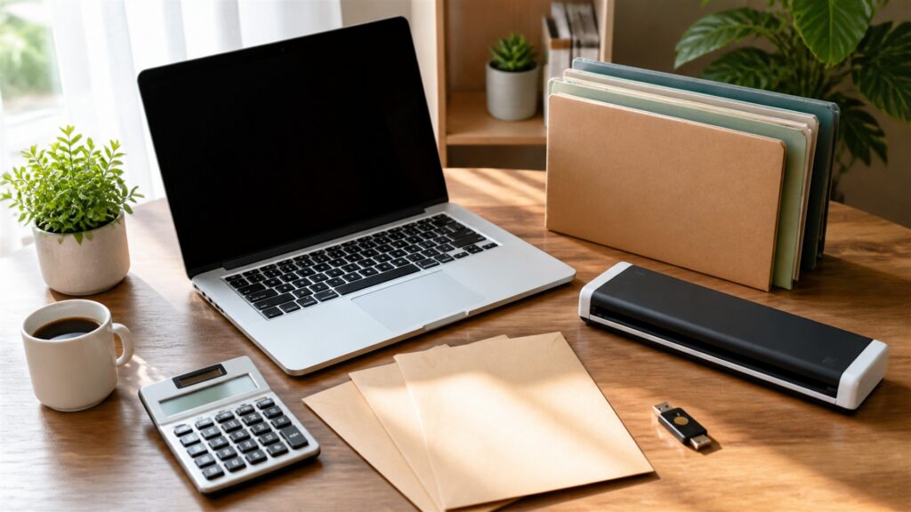 small business bookkeeping desk with powered-off computer, receipt scanner, calculator, plain folders, invoice tray, security key, and tidy ledger materials for a independent work buying decision