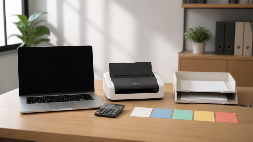 unbranded solo finance desk with powered-off laptop, receipt scanner, calculator, blank invoice papers, plain folders, and tax document box for a finance workflow automation buying decision