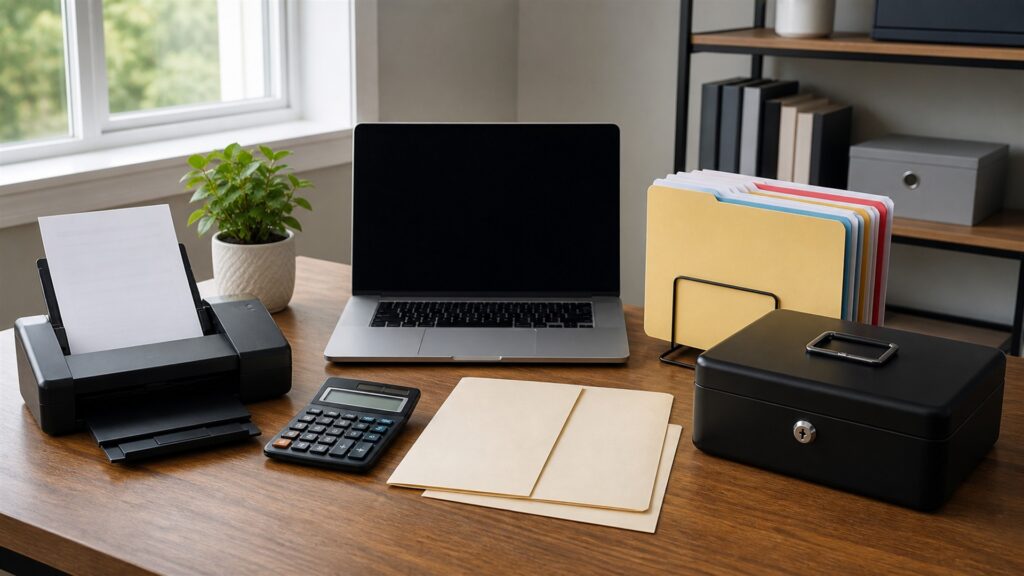freelancer invoicing workspace with powered-off laptop, card reader, calculator, plain invoices, payment terminal, calendar, and tidy client folders for a tax season preparation buying decision