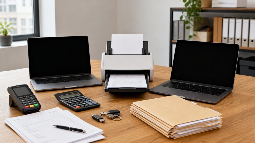 freelancer invoicing workspace with powered-off laptop, card reader, calculator, plain invoices, payment terminal, calendar, and tidy client folders for a finance teams buying decision