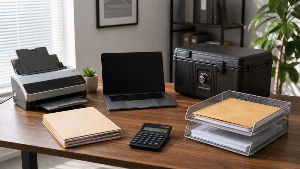 freelancer invoicing workspace with powered-off laptop, card reader, calculator, plain invoices, payment terminal, calendar, and tidy client folders for a compliance reporting buying decision