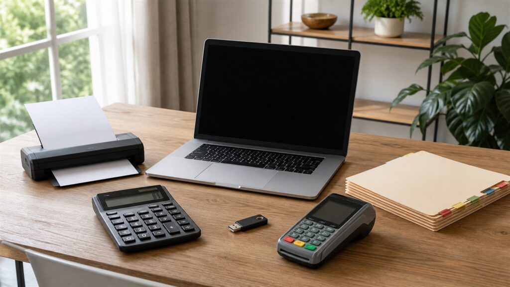 freelancer invoicing workspace with powered-off laptop, card reader, calculator, plain invoices, payment terminal, calendar, and tidy client folders for a independent work buying decision