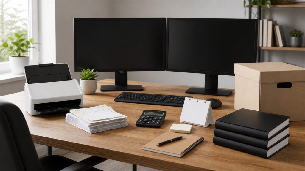 freelancer invoicing workspace with powered-off laptop, card reader, calculator, plain invoices, payment terminal, calendar, and tidy client folders for a year-end close buying decision