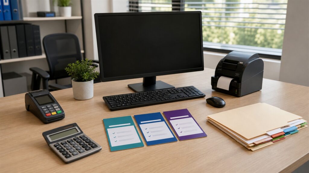 subscription billing operations desk with powered-off monitor, payment terminal, calculator, calendar cards, plain plan cards, router, and tidy finance folders for a general selection buying decision