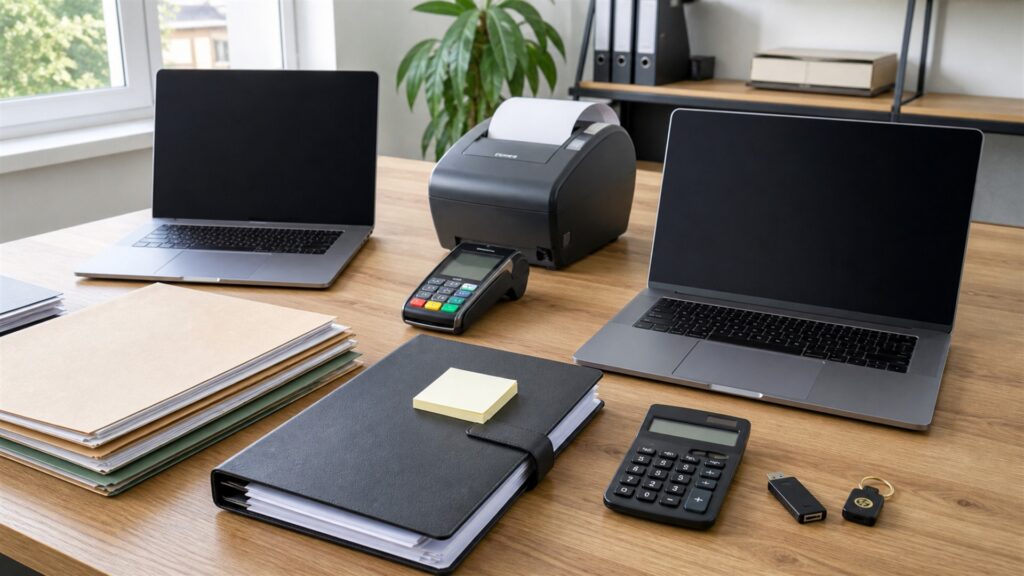 subscription billing operations desk with powered-off monitor, payment terminal, calculator, calendar cards, plain plan cards, router, and tidy finance folders for a billing automation buying decision