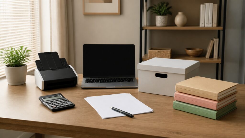 unbranded solo finance desk with powered-off laptop, receipt scanner, calculator, blank invoice papers, plain folders, and tax document box for a tax season preparation buying decision