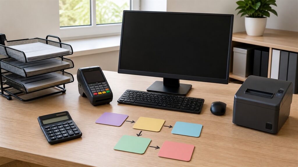 subscription billing operations desk with powered-off monitor, payment terminal, calculator, calendar cards, plain plan cards, router, and tidy finance folders for a finance teams buying decision