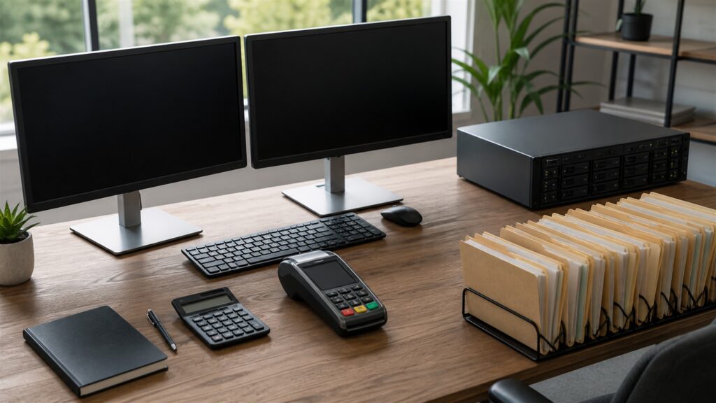 subscription billing operations desk with powered-off monitor, payment terminal, calculator, calendar cards, plain plan cards, router, and tidy finance folders for a payroll integrations buying decision