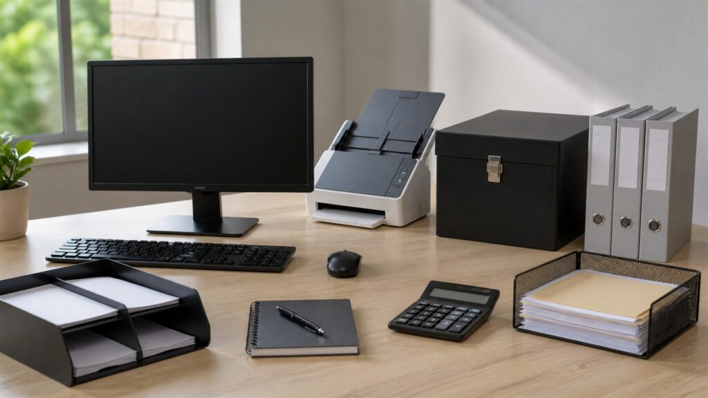 subscription billing operations desk with powered-off monitor, payment terminal, calculator, calendar cards, plain plan cards, router, and tidy finance folders for a compliance reporting buying decision