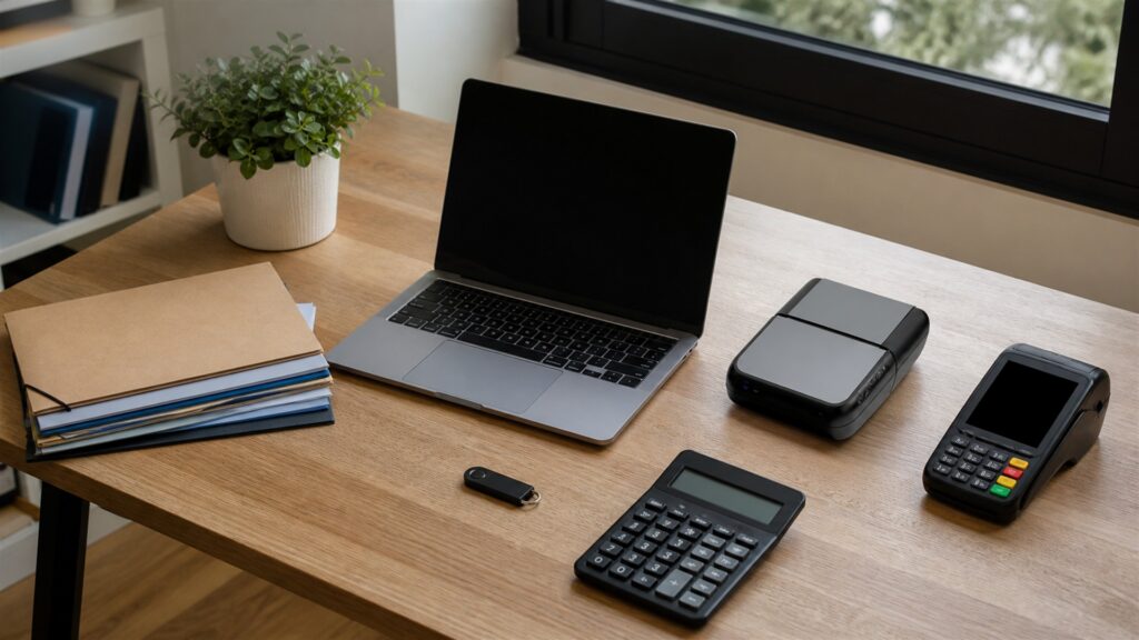 subscription billing operations desk with powered-off monitor, payment terminal, calculator, calendar cards, plain plan cards, router, and tidy finance folders for a independent work buying decision