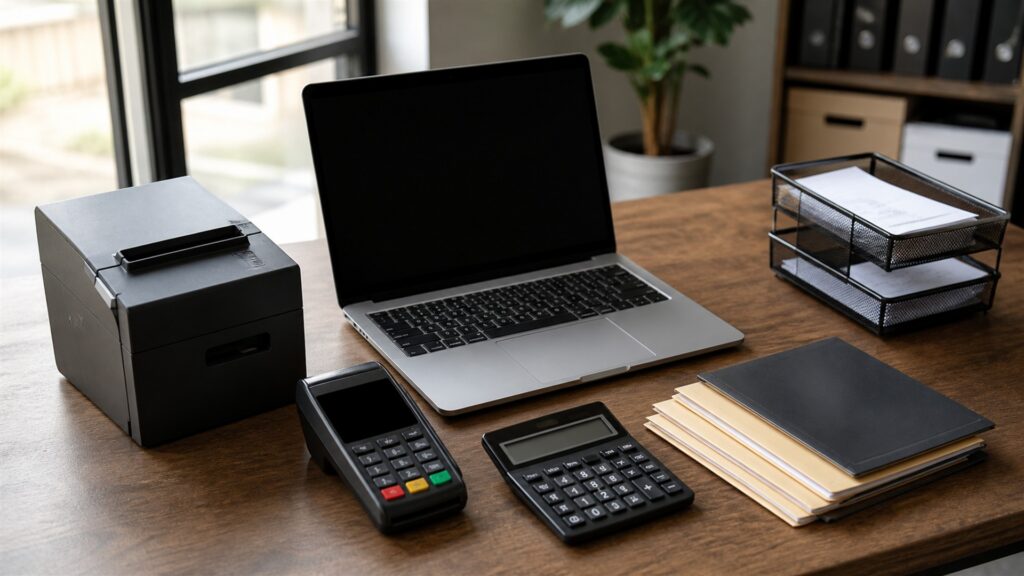 small business billing counter with powered-off laptop, invoice printer, payment terminal, calculator, plain folders, receipt tray, and organized supplies for a business scaling buying decision