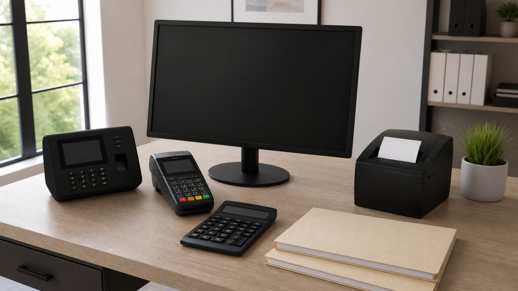 small business billing counter with powered-off laptop, invoice printer, payment terminal, calculator, plain folders, receipt tray, and organized supplies for a billing automation buying decision
