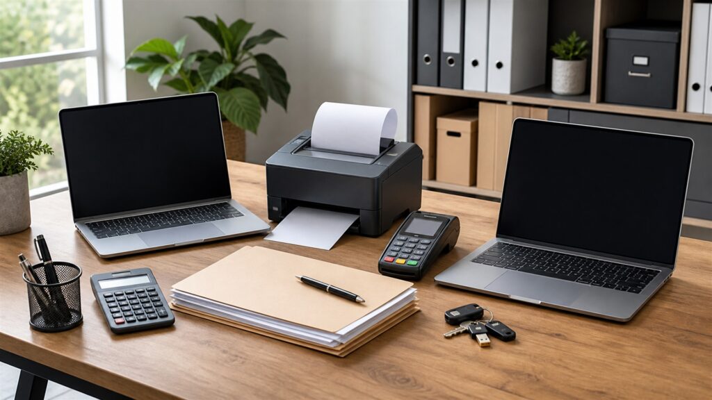 small business billing counter with powered-off laptop, invoice printer, payment terminal, calculator, plain folders, receipt tray, and organized supplies for a tax season preparation buying decision