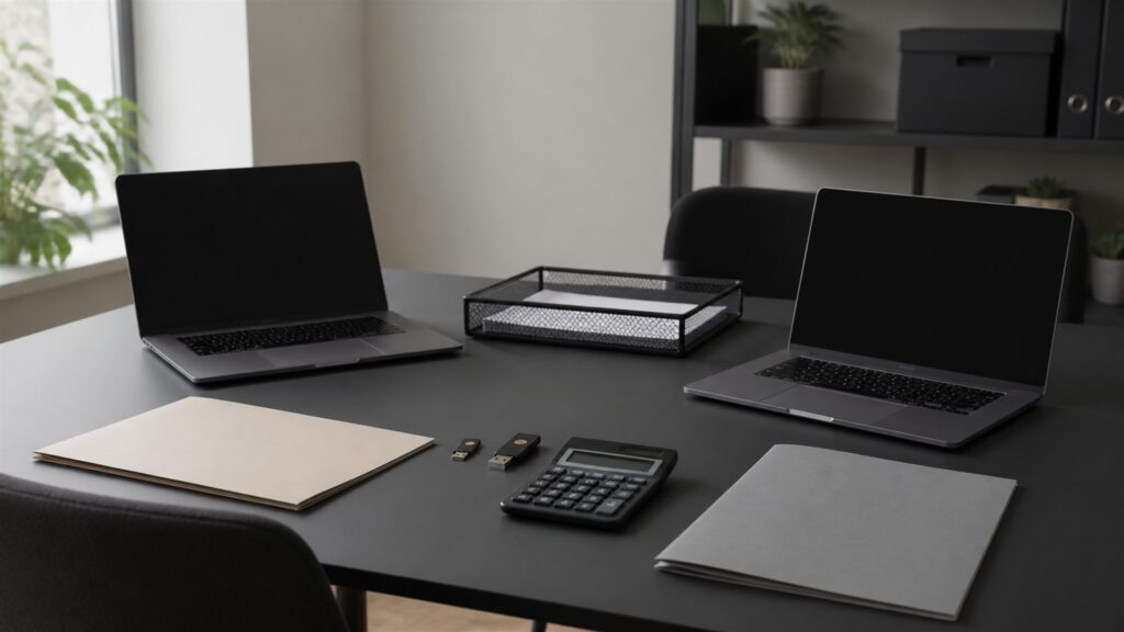 unbranded solo finance desk with powered-off laptop, receipt scanner, calculator, blank invoice papers, plain folders, and tax document box for a multi-user finance teams buying decision