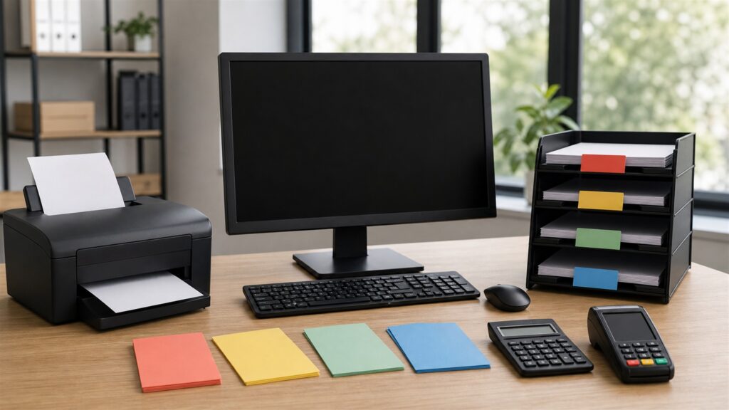 small business billing counter with powered-off laptop, invoice printer, payment terminal, calculator, plain folders, receipt tray, and organized supplies for a finance teams buying decision