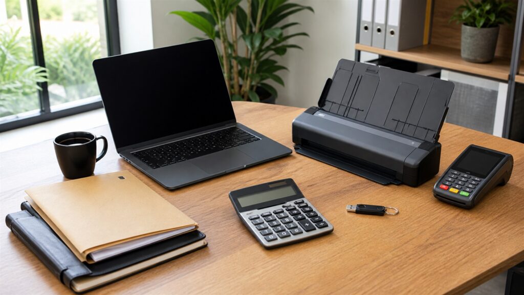 small business billing counter with powered-off laptop, invoice printer, payment terminal, calculator, plain folders, receipt tray, and organized supplies for a compliance reporting buying decision