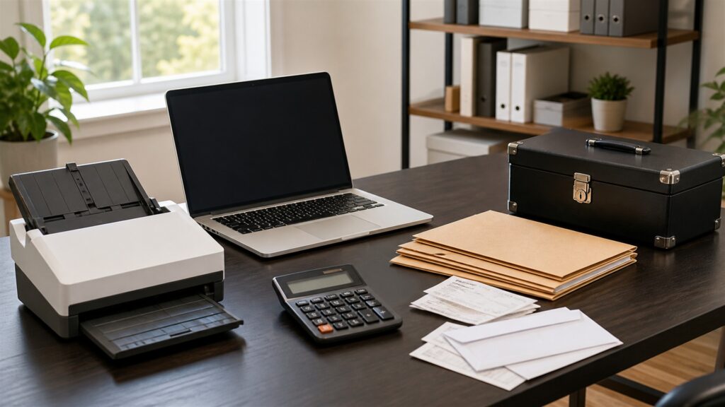 small business billing counter with powered-off laptop, invoice printer, payment terminal, calculator, plain folders, receipt tray, and organized supplies for a independent work buying decision