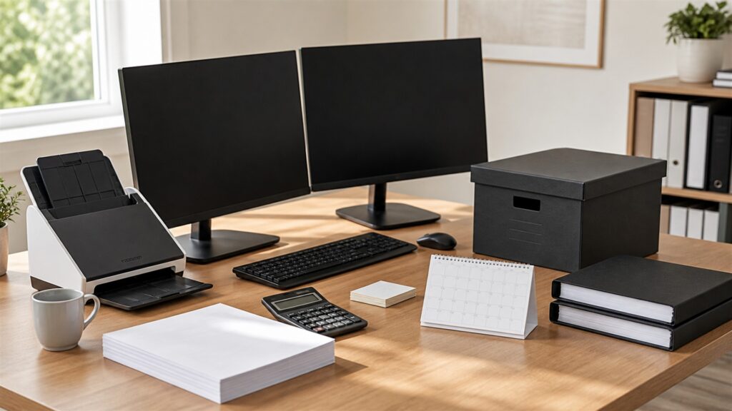 small business billing counter with powered-off laptop, invoice printer, payment terminal, calculator, plain folders, receipt tray, and organized supplies for a year-end close buying decision