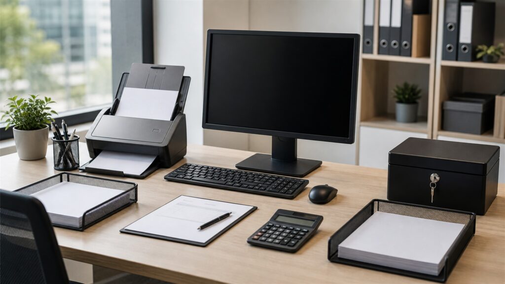 corporate tax department desk with powered-off dual monitors, document scanner, calculator, secure archive box, plain binders, calendar, and organized tax folders for a general selection buying decision