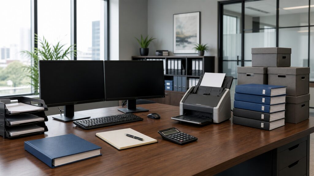 corporate tax department desk with powered-off dual monitors, document scanner, calculator, secure archive box, plain binders, calendar, and organized tax folders for a business scaling buying decision