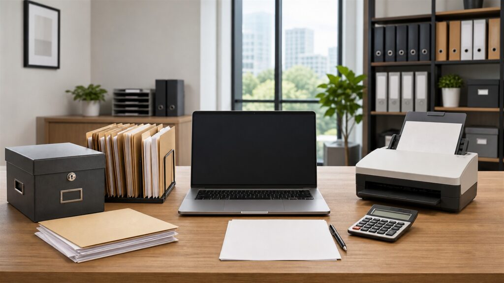 corporate tax department desk with powered-off dual monitors, document scanner, calculator, secure archive box, plain binders, calendar, and organized tax folders for a tax automation buying decision