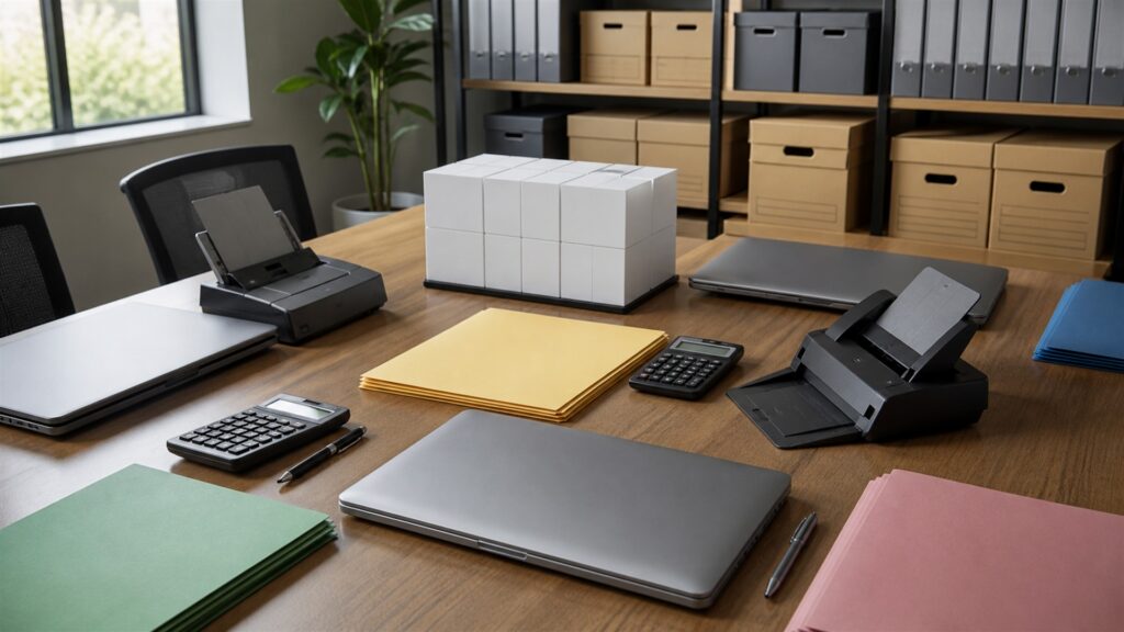 corporate tax department desk with powered-off dual monitors, document scanner, calculator, secure archive box, plain binders, calendar, and organized tax folders for a tax season preparation buying decision