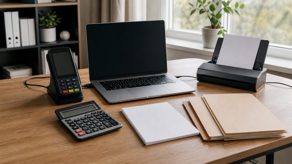 unbranded solo finance desk with powered-off laptop, receipt scanner, calculator, blank invoice papers, plain folders, and tax document box for a payroll integrations buying decision