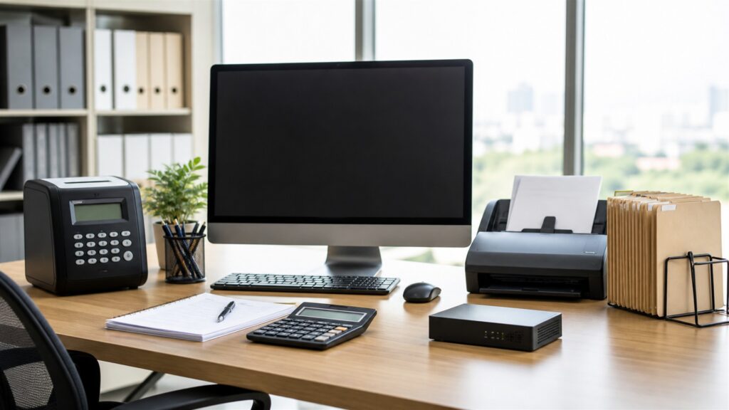 corporate tax department desk with powered-off dual monitors, document scanner, calculator, secure archive box, plain binders, calendar, and organized tax folders for a payroll integrations buying decision