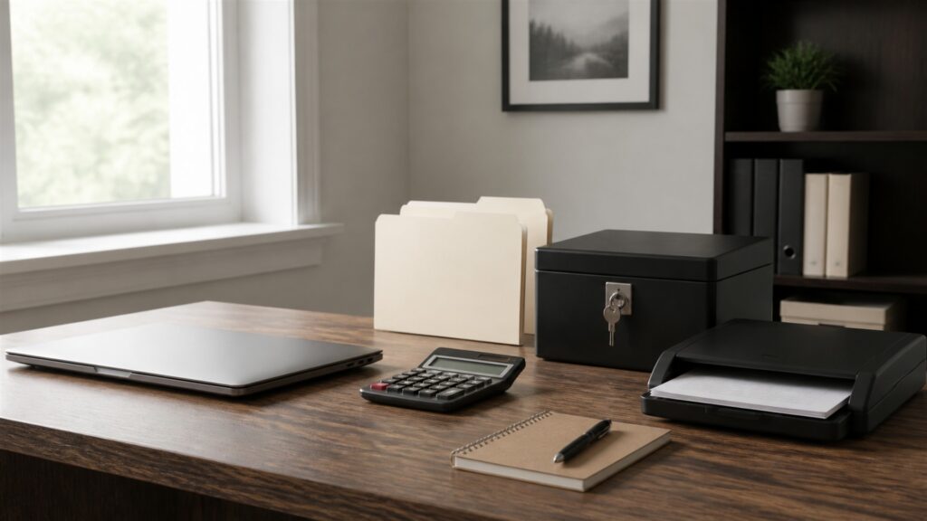 corporate tax department desk with powered-off dual monitors, document scanner, calculator, secure archive box, plain binders, calendar, and organized tax folders for a independent work buying decision