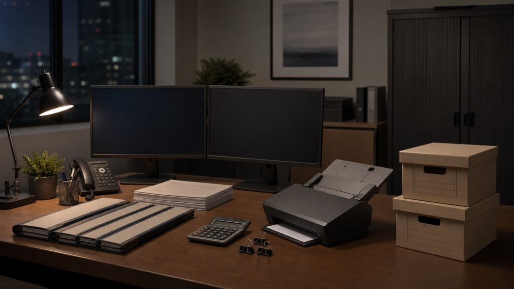 corporate tax department desk with powered-off dual monitors, document scanner, calculator, secure archive box, plain binders, calendar, and organized tax folders for a year-end close buying decision