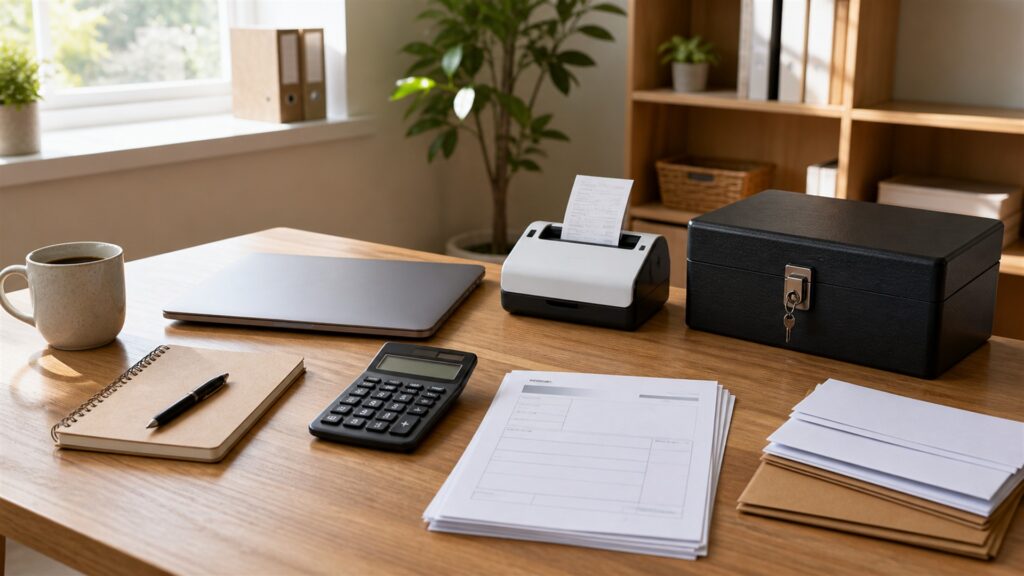 independent worker tax desk with powered-off laptop, compact scanner, calculator, plain expense envelopes, document folders, security key, and tidy records for a general selection buying decision