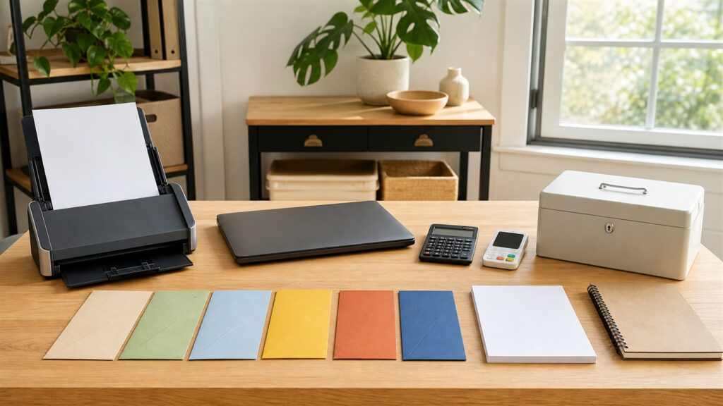 online bookkeeping desk with powered-off laptop and monitor, compact scanner, calculator, blank receipts, plain folders, security key, and tidy remote-work equipment for a independent work buying decision
