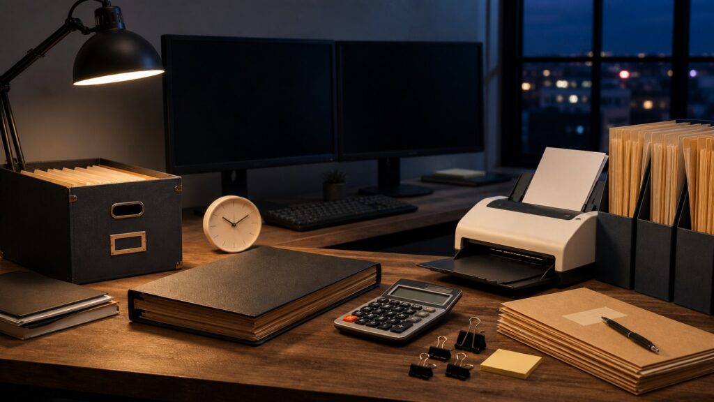 online bookkeeping desk with powered-off laptop and monitor, compact scanner, calculator, blank receipts, plain folders, security key, and tidy remote-work equipment for a year-end close buying decision