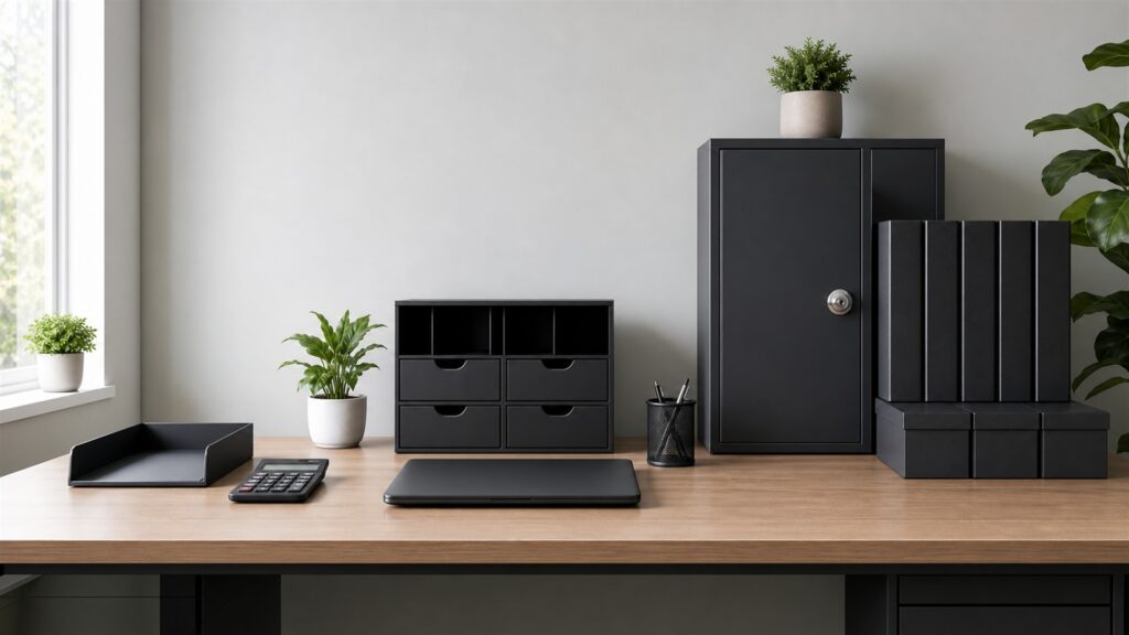 small business bookkeeping desk with powered-off computer, receipt scanner, calculator, plain folders, invoice tray, security key, and tidy ledger materials for a business scaling buying decision