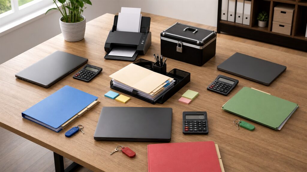 small business bookkeeping desk with powered-off computer, receipt scanner, calculator, plain folders, invoice tray, security key, and tidy ledger materials for a finance teams buying decision