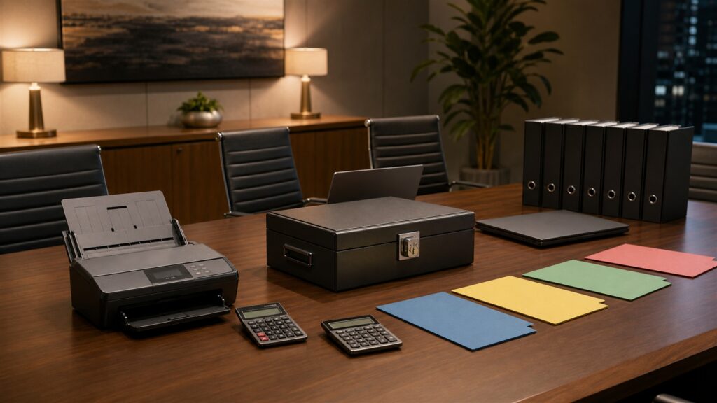 corporate tax department desk with powered-off dual monitors, document scanner, calculator, secure archive box, plain binders, calendar, and organized tax folders for a finance teams buying decision