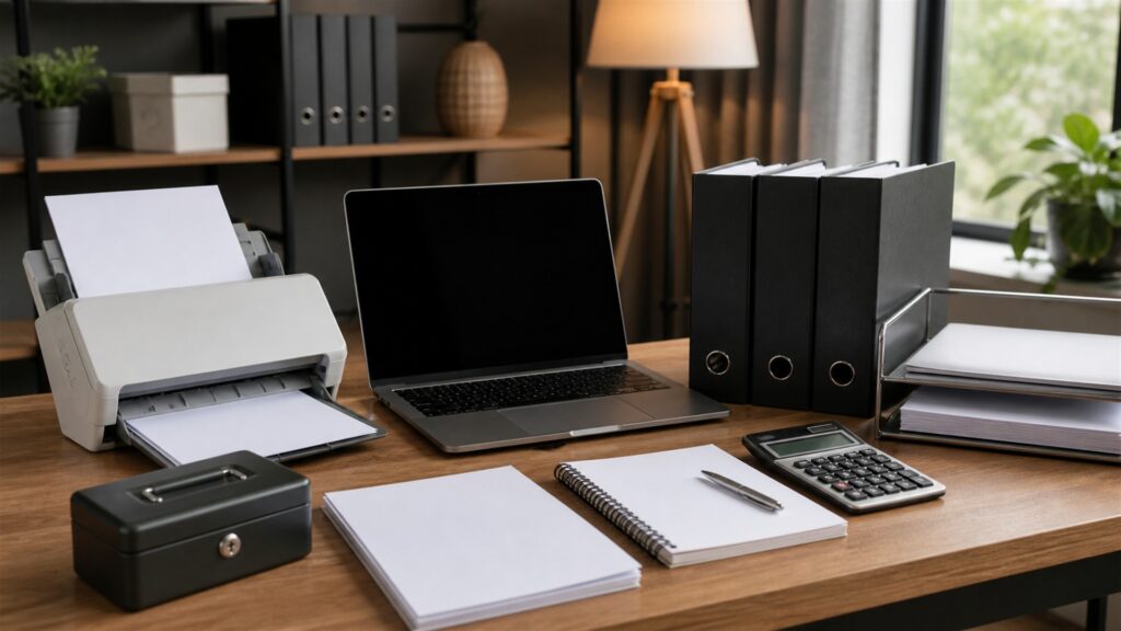 unbranded solo finance desk with powered-off laptop, receipt scanner, calculator, blank invoice papers, plain folders, and tax document box for a compliance reporting buying decision