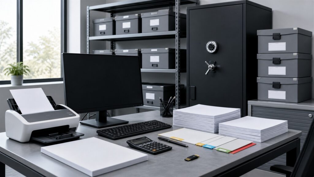 corporate tax department desk with powered-off dual monitors, document scanner, calculator, secure archive box, plain binders, calendar, and organized tax folders for a compliance reporting buying decision