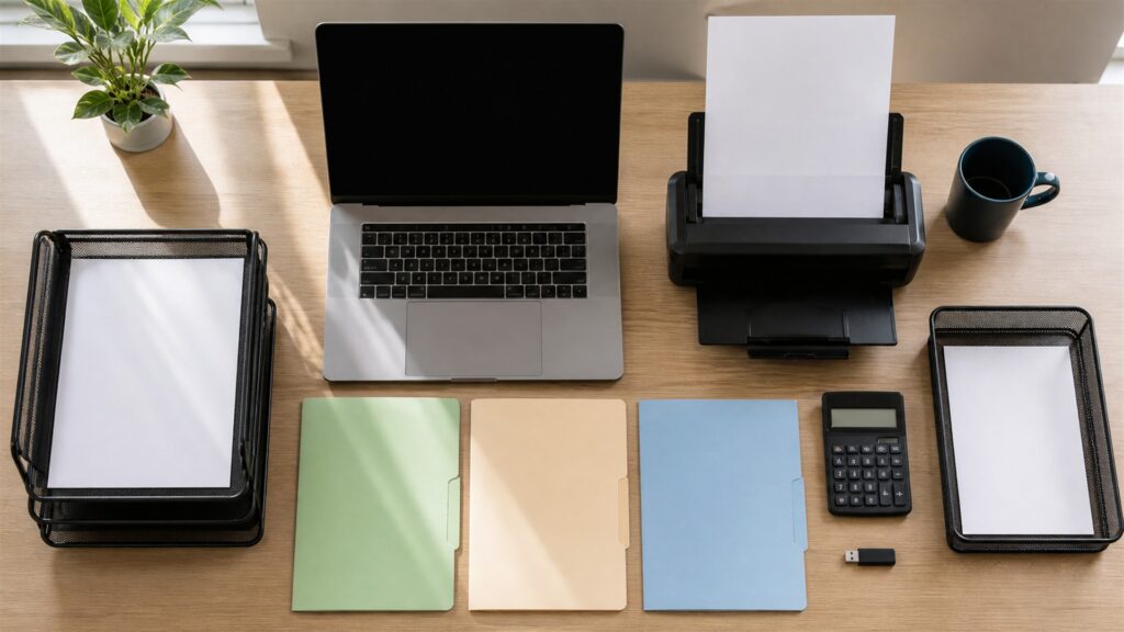 independent worker tax desk with powered-off laptop, compact scanner, calculator, plain expense envelopes, document folders, security key, and tidy records for a tax automation buying decision