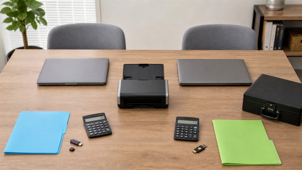independent worker tax desk with powered-off laptop, compact scanner, calculator, plain expense envelopes, document folders, security key, and tidy records for a tax season preparation buying decision