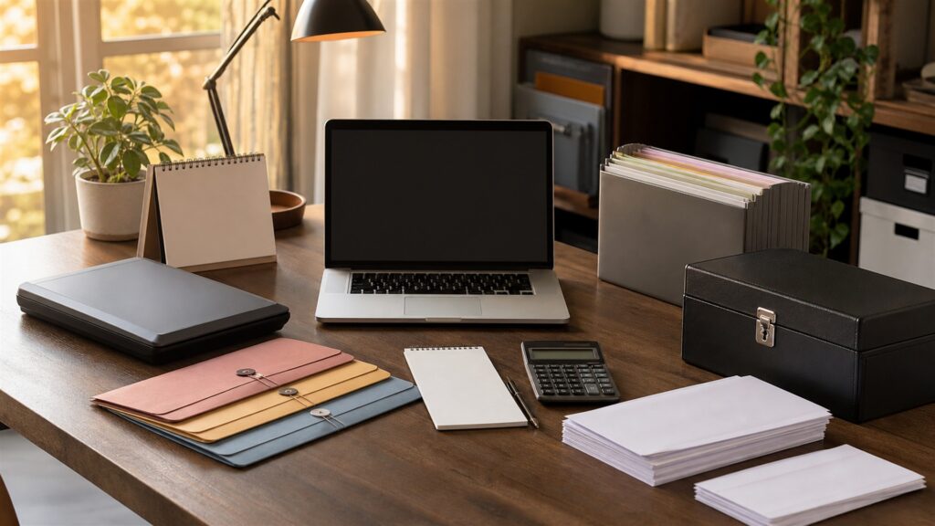 independent worker tax desk with powered-off laptop, compact scanner, calculator, plain expense envelopes, document folders, security key, and tidy records for a finance teams buying decision