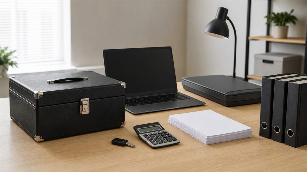 independent worker tax desk with powered-off laptop, compact scanner, calculator, plain expense envelopes, document folders, security key, and tidy records for a payroll integrations buying decision
