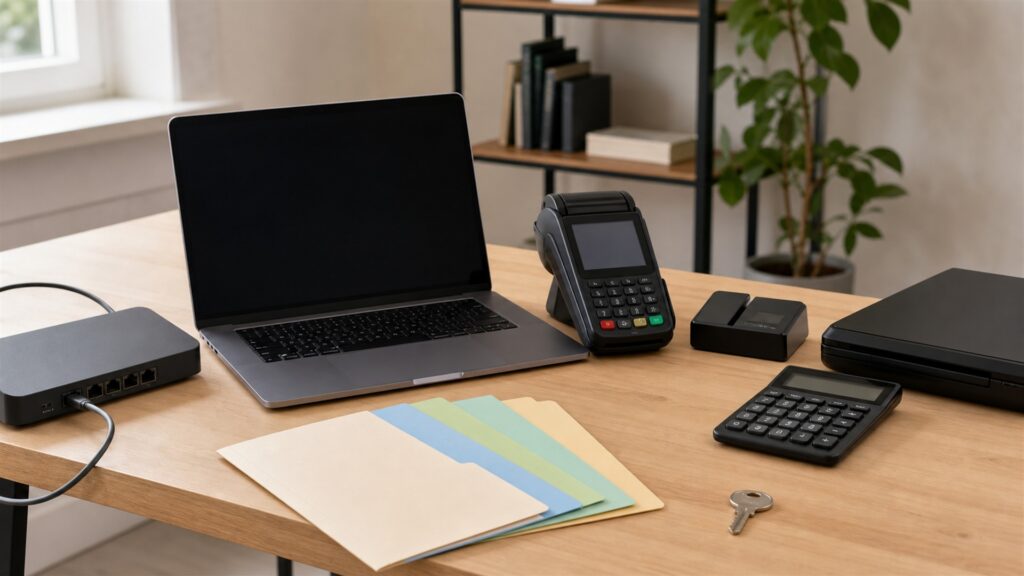 independent worker tax desk with powered-off laptop, compact scanner, calculator, plain expense envelopes, document folders, security key, and tidy records for a compliance reporting buying decision