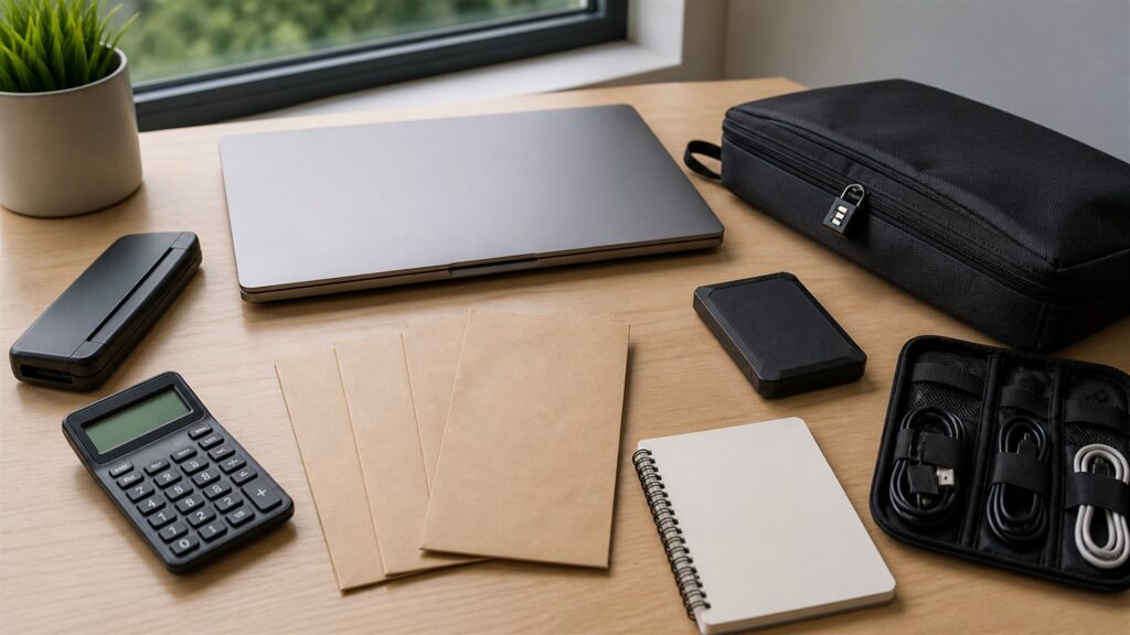 independent worker tax desk with powered-off laptop, compact scanner, calculator, plain expense envelopes, document folders, security key, and tidy records for a independent work buying decision