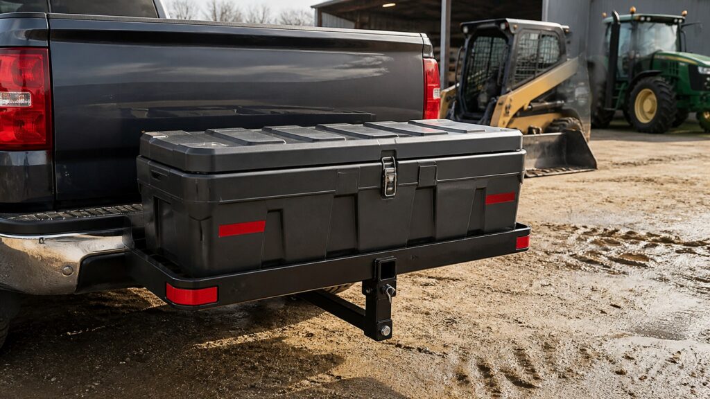 hitch mounted storage boxes shopping setup for farm and jobsite use with practical vehicle-focused details