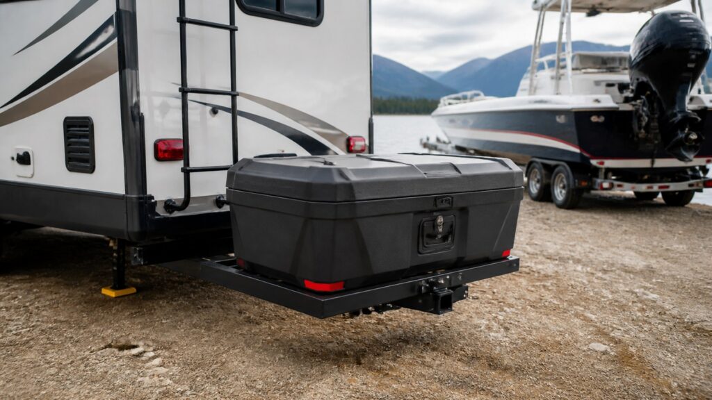hitch mounted storage boxes shopping setup for rv and boat towing with practical vehicle-focused details
